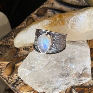 Moonstone Sterling Silver Etched Wide Band Ring Size 9